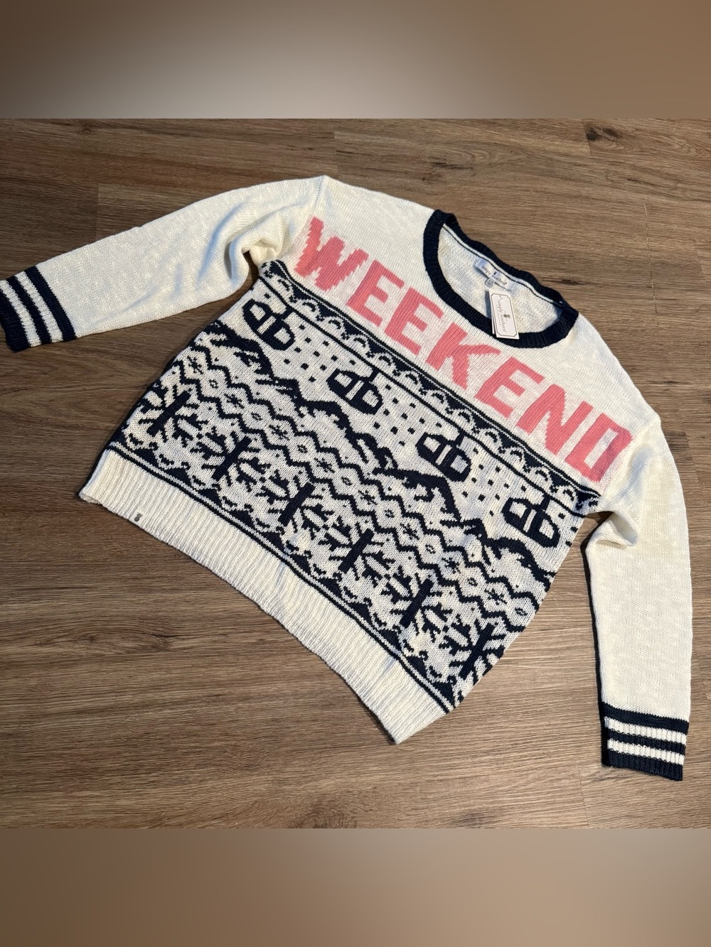 Simply Southern 'WEEKEND' Fair Isle Crewneck Sweater - White, Navy & Pink